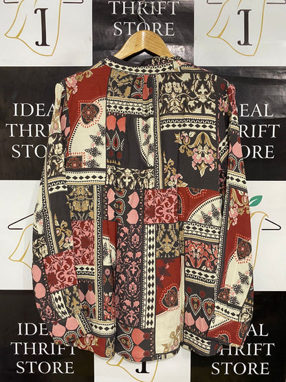 FOIL |L| BUST 21| A31| MULTICOLOR PATCHWORK PRINT LONG-SLEEVE V-NECK BLOUSE