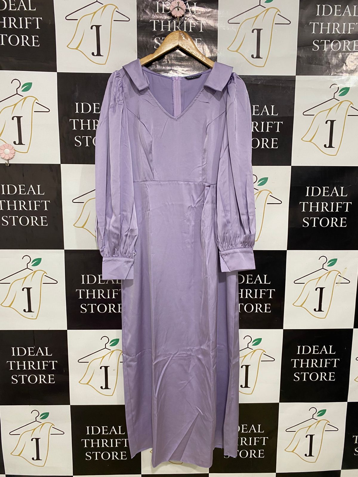 SHEIN |L| BUST 17| A31| LAVENDER SATIN COLLARED PUFF-SLEEVE MIDI DRESS