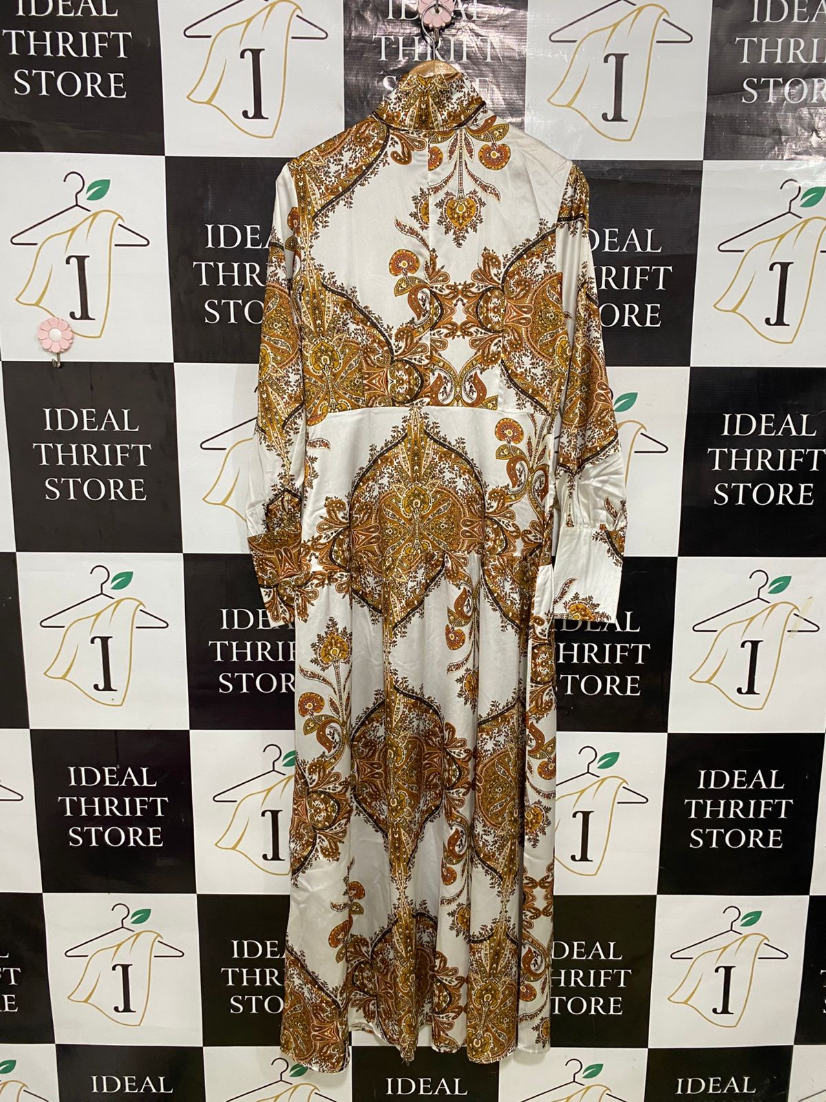 SHEIN |M| BUST 18| A31| WHITE & BROWN PAISLEY PRINT HIGH-NECK LONG-SLEEVE SHIRT MIDI DRESS