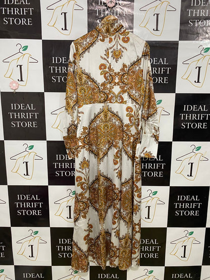 SHEIN |M| BUST 18| A31| WHITE & BROWN PAISLEY PRINT HIGH-NECK LONG-SLEEVE SHIRT MIDI DRESS