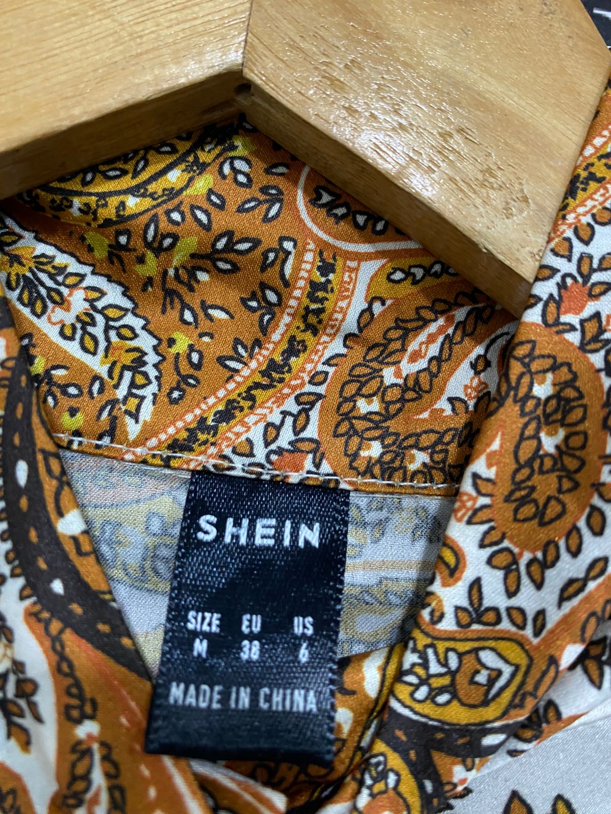 SHEIN |M| BUST 18| A31| WHITE & BROWN PAISLEY PRINT HIGH-NECK LONG-SLEEVE SHIRT MIDI DRESS
