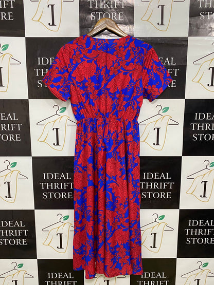 |M| BUST 16| A31| RED & BLUE BOLD FLORAL PRINT V-NECK SHORT-SLEEVE WRAP MIDI DRESS