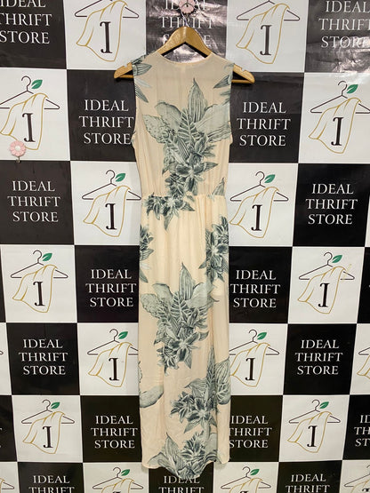INTO |S| BUST 16| A31| BLUSH & SAGE TROPICAL LEAF PRINT V-NECK SLEEVELESS HIGH-LOW MIDI DRESS