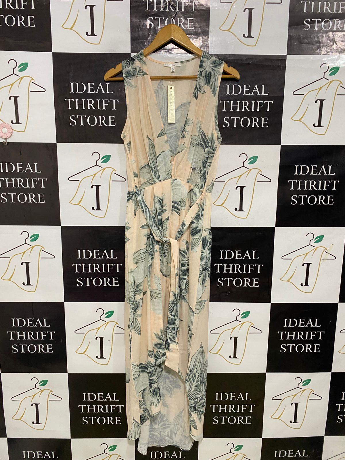 INTO |S| BUST 16| A31| BLUSH & SAGE TROPICAL LEAF PRINT V-NECK SLEEVELESS HIGH-LOW MIDI DRESS