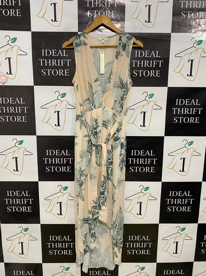 INTO |S| BUST 16| A31| BLUSH & SAGE TROPICAL LEAF PRINT V-NECK SLEEVELESS HIGH-LOW MIDI DRESS