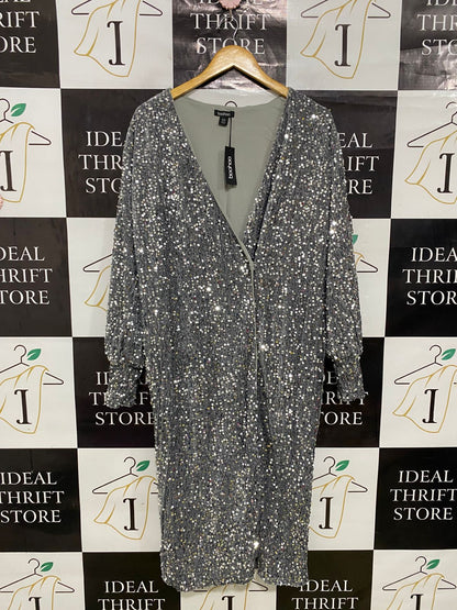 BOOHOO |XL| BUST 23| A31| SAGE & SILVER SEQUIN V-NECK LONG-SLEEVE MIDI DRESS