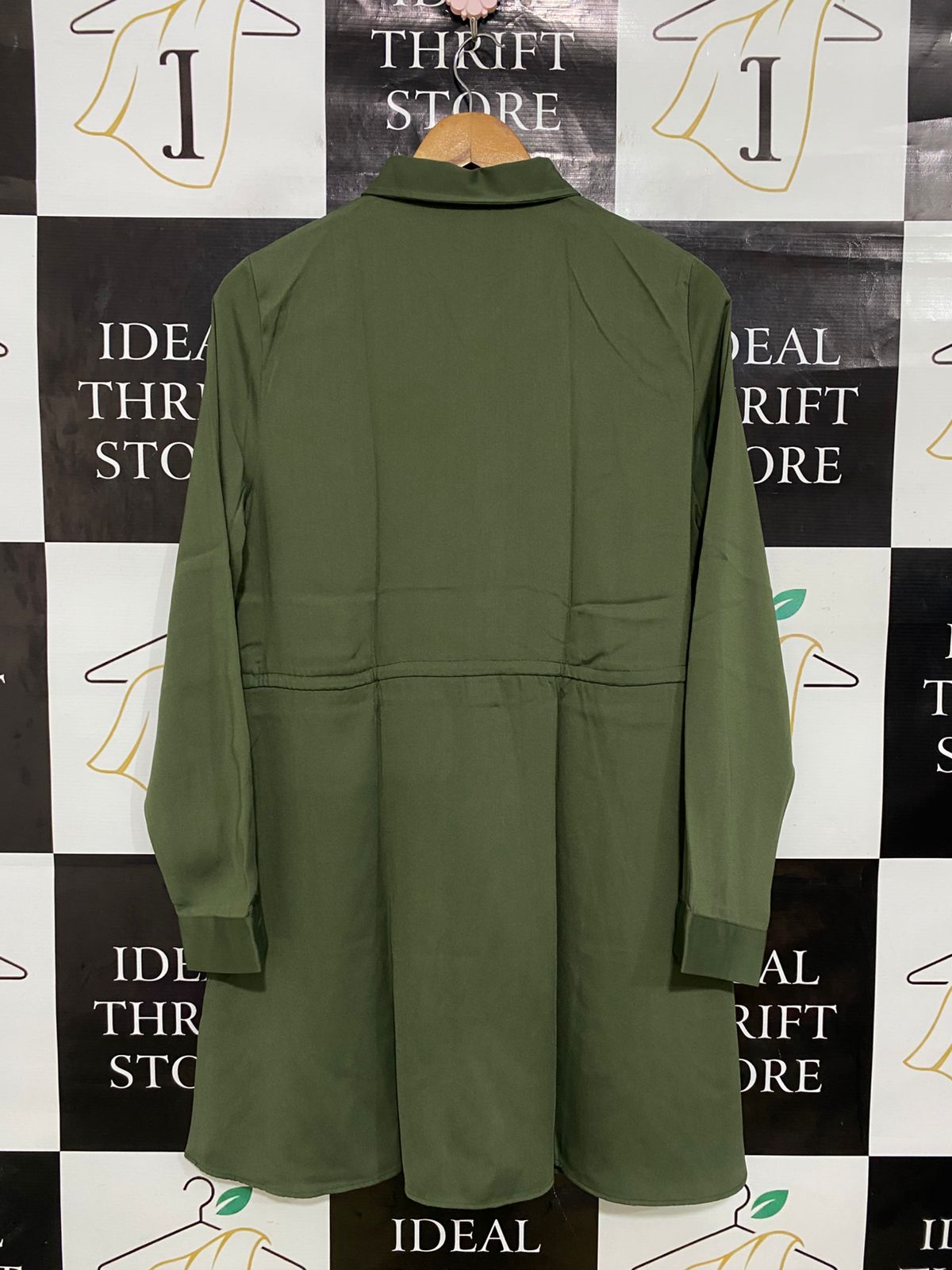 NEW LOOK |M| BUST 18| A31| OLIVE GREEN COLLARED TIE-WAIST LONG-SLEEVE SHIRT DRESS