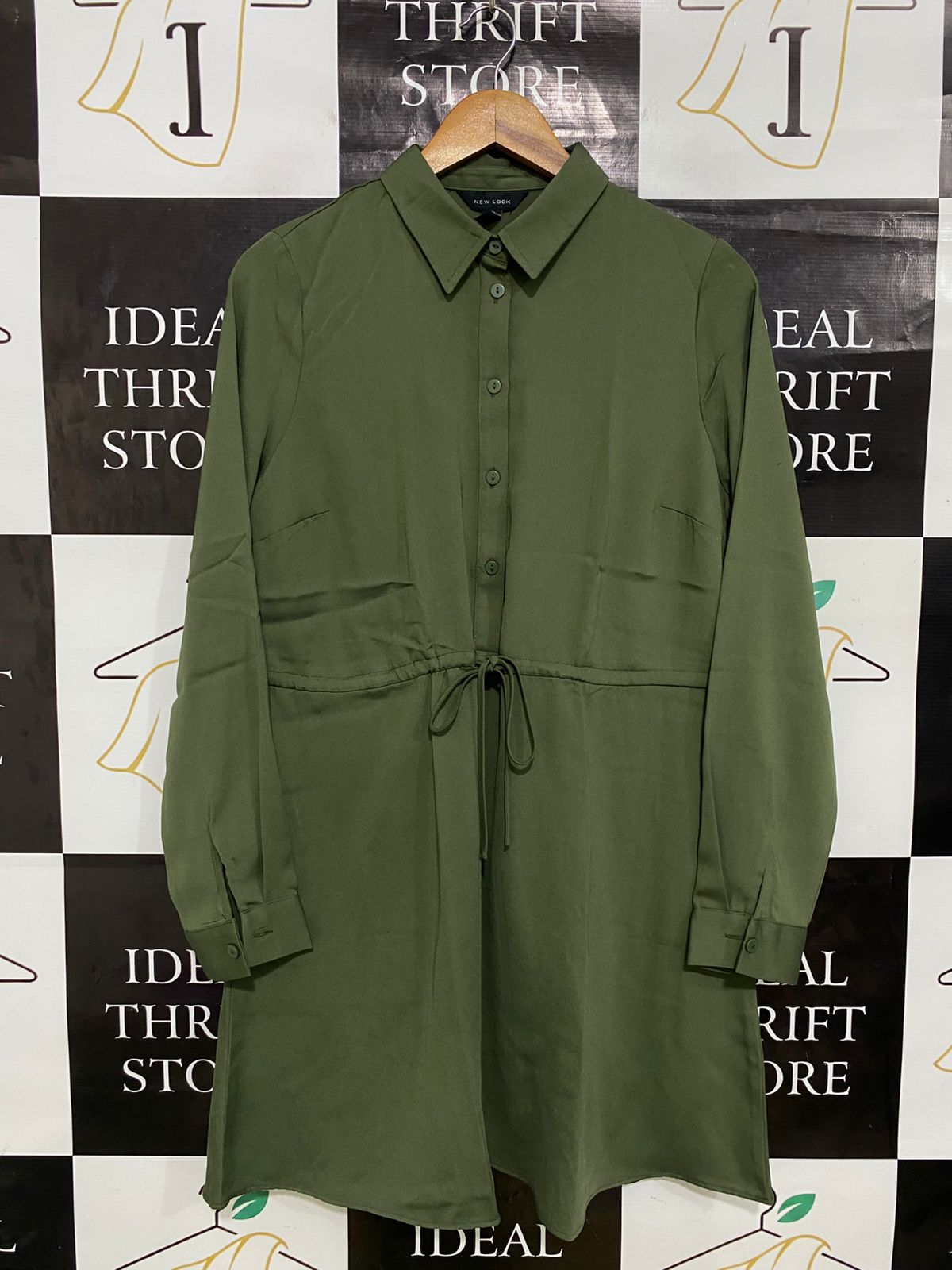 NEW LOOK |M| BUST 18| A31| OLIVE GREEN COLLARED TIE-WAIST LONG-SLEEVE SHIRT DRESS