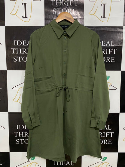 NEW LOOK |M| BUST 18| A31| OLIVE GREEN COLLARED TIE-WAIST LONG-SLEEVE SHIRT DRESS