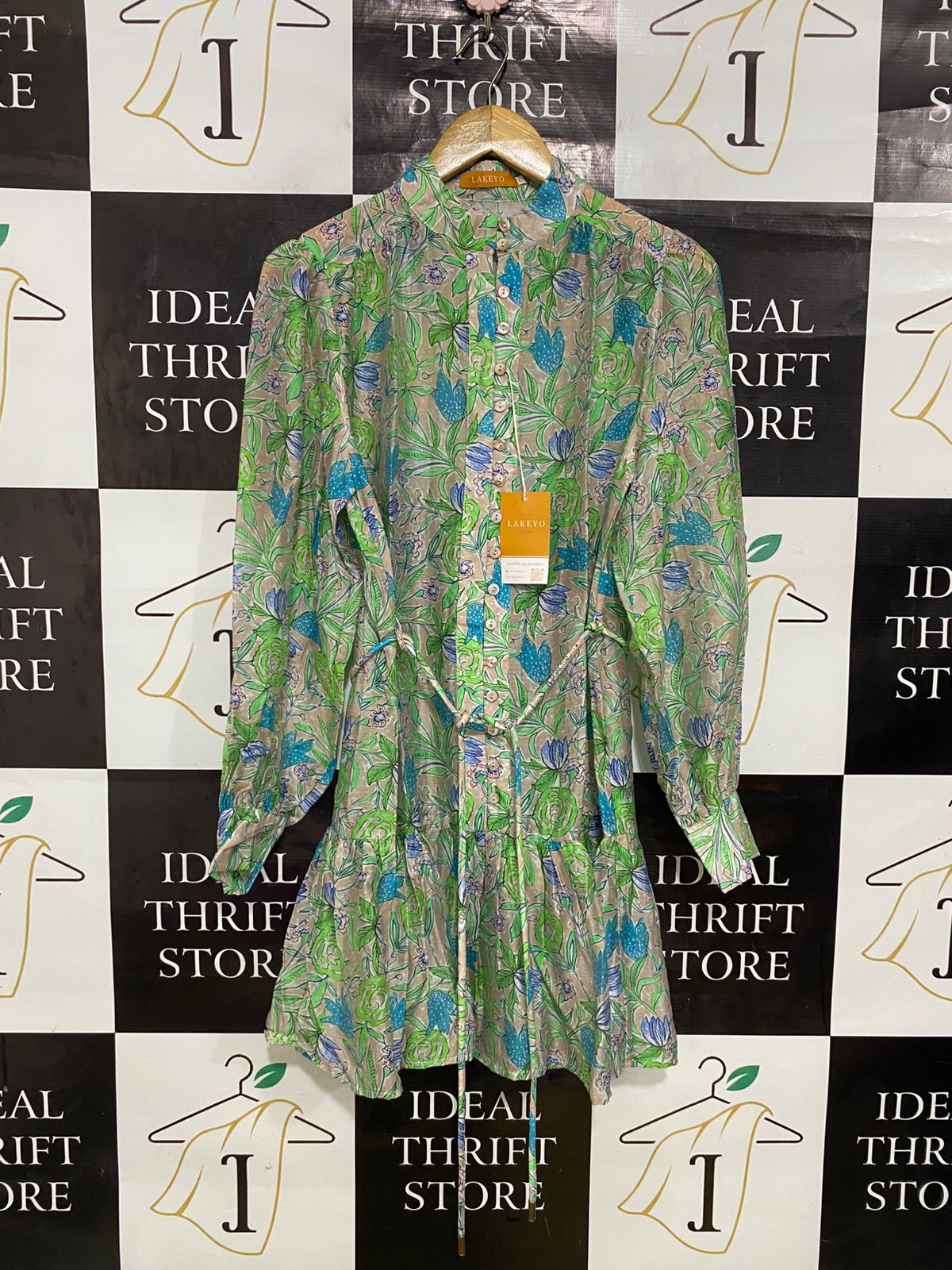 LAKEYO |L| BUST 20| A31| MULTICOLOR FLORAL PRINT STAND-COLLAR TIE-WAIST SHIRT DRESS