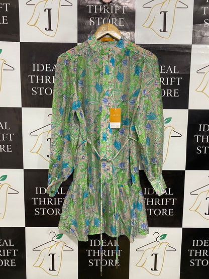 LAKEYO |L| BUST 20| A31| MULTICOLOR FLORAL PRINT STAND-COLLAR TIE-WAIST SHIRT DRESS