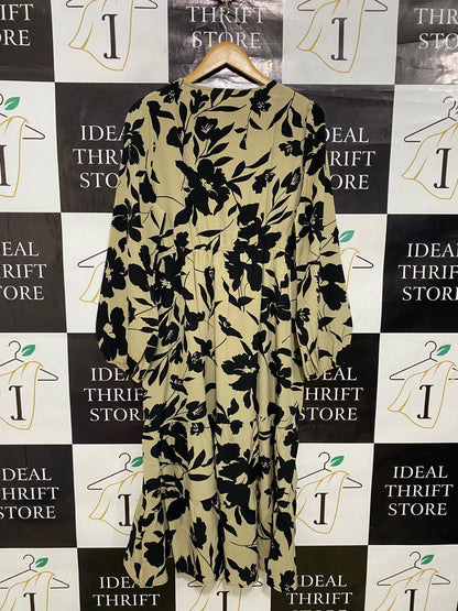 |XL| BUST 21| A31| KHAKI & BLACK BOLD FLORAL PRINT V-NECK TIERED MIDI DRESS