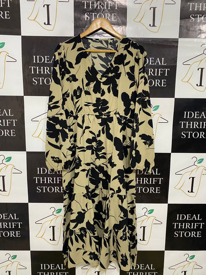 |XL| BUST 21| A31| KHAKI & BLACK BOLD FLORAL PRINT V-NECK TIERED MIDI DRESS