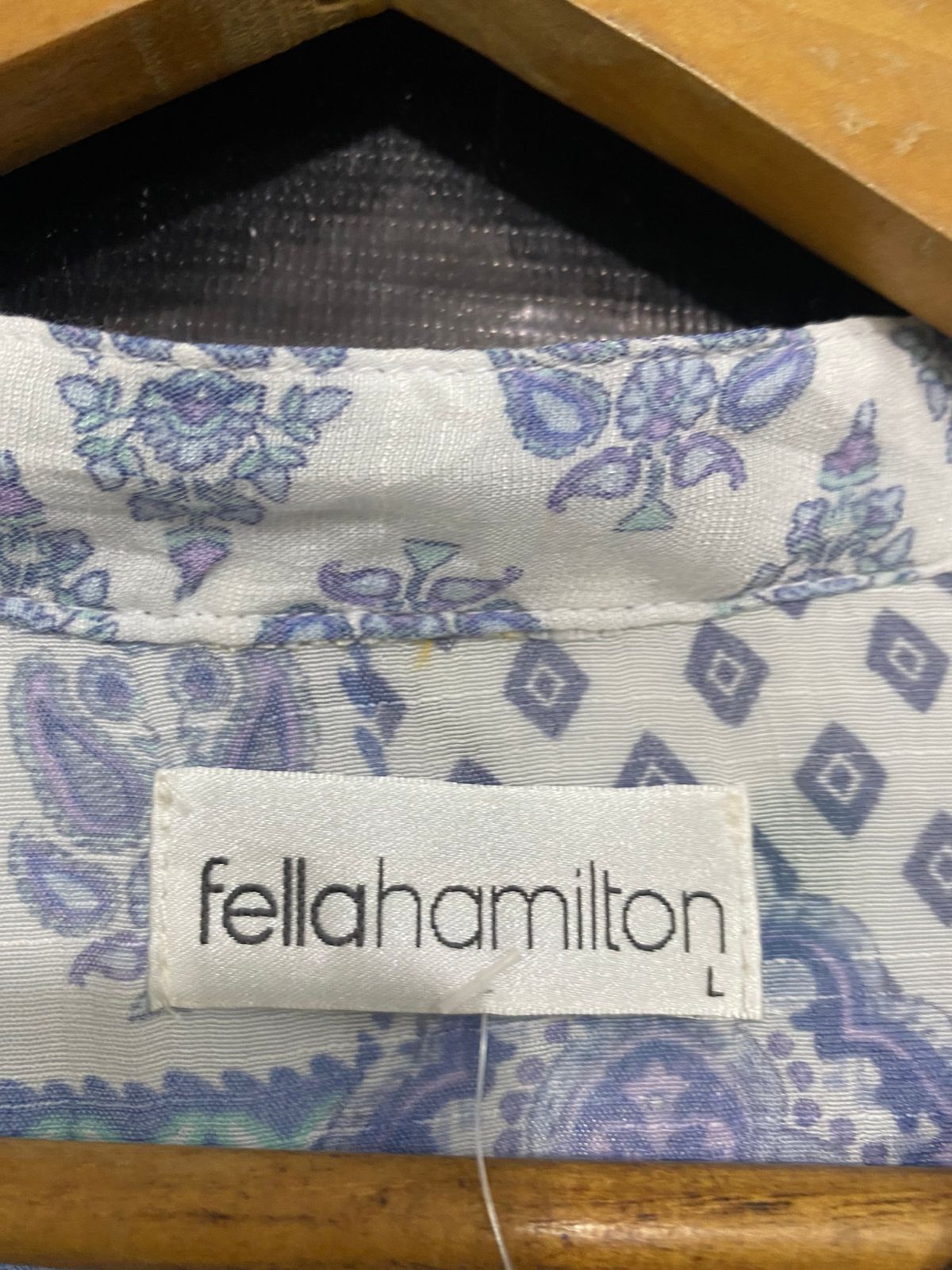 FELLA HAMILTON |L| BUST 21| A31| PURPLE & BLUE PATCHWORK PRINT V-NECK LONG-SLEEVE BLOUSE