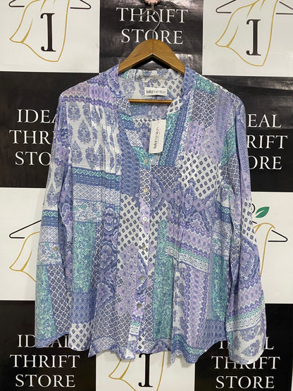FELLA HAMILTON |L| BUST 21| A31| PURPLE & BLUE PATCHWORK PRINT V-NECK LONG-SLEEVE BLOUSE