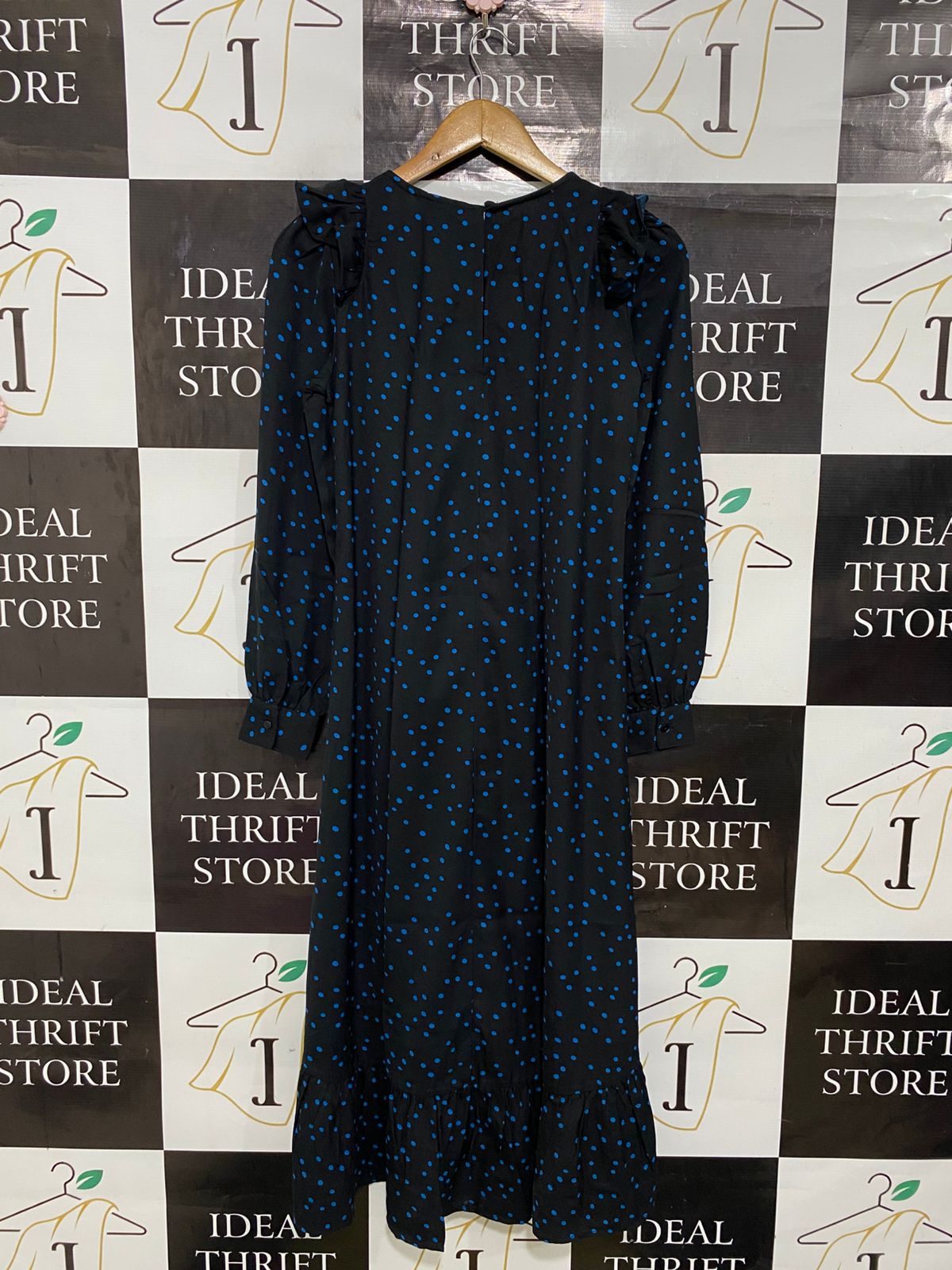 DOROTHY PERKINS |S| BUST 16| A31| BLACK & BLUE POLKA DOT RUFFLE-TRIM LONG-SLEEVE MIDI DRESS