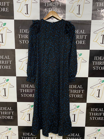 DOROTHY PERKINS |S| BUST 16| A31| BLACK & BLUE POLKA DOT RUFFLE-TRIM LONG-SLEEVE MIDI DRESS