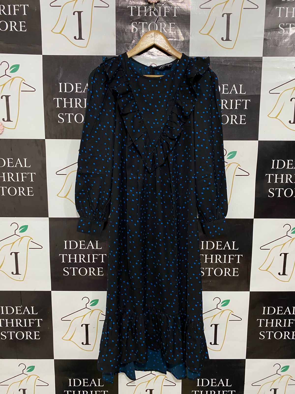 DOROTHY PERKINS |S| BUST 16| A31| BLACK & BLUE POLKA DOT RUFFLE-TRIM LONG-SLEEVE MIDI DRESS