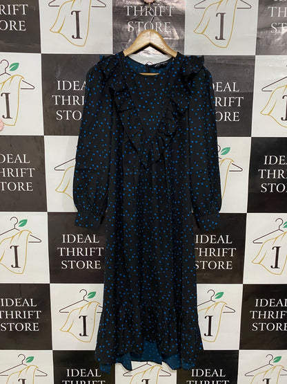 DOROTHY PERKINS |S| BUST 16| A31| BLACK & BLUE POLKA DOT RUFFLE-TRIM LONG-SLEEVE MIDI DRESS