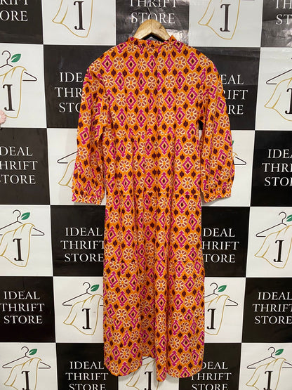 ZARA |S| BUST 18| A30| ORANGE & PINK GEOMETRIC TIE-NECK TIERED MIDI DRESS