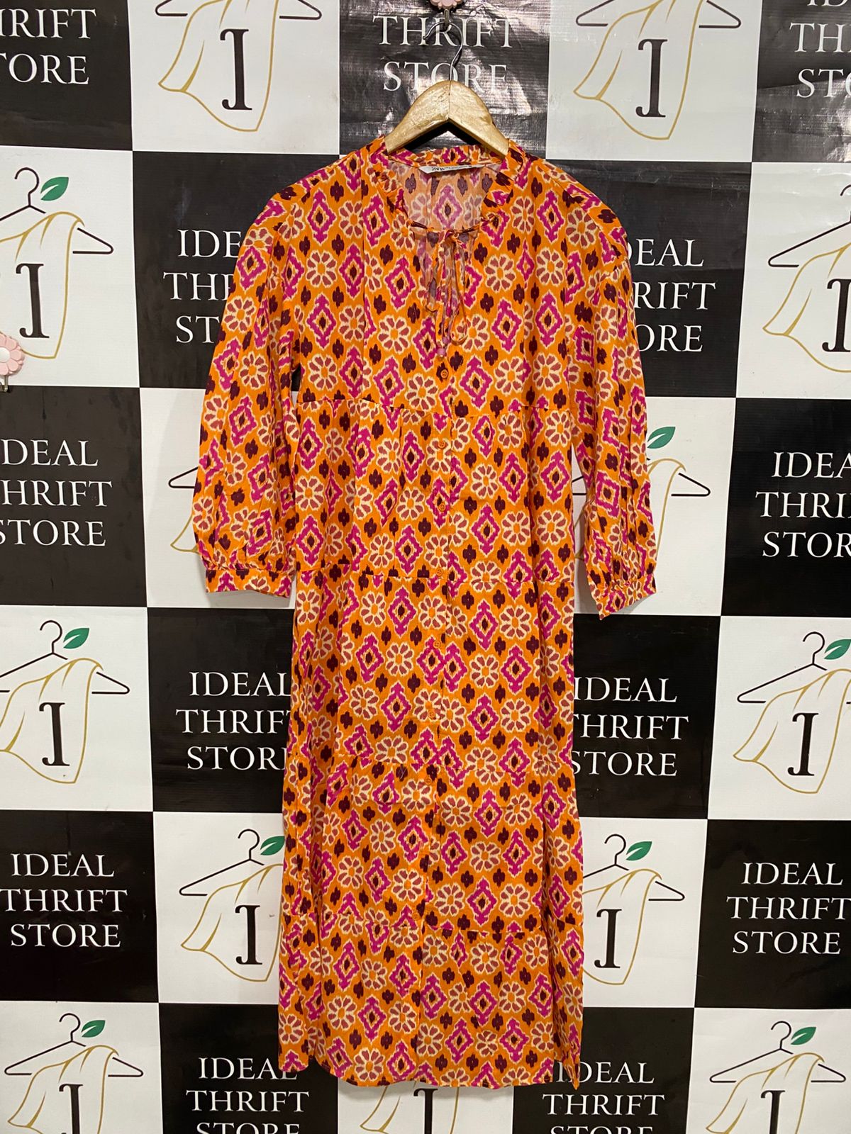 ZARA |S| BUST 18| A30| ORANGE & PINK GEOMETRIC TIE-NECK TIERED MIDI DRESS