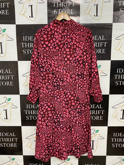 MORGAN |M| BUST 17| A30| BURGUNDY & PINK ANIMAL PRINT HIGH-NECK LONG-SLEEVE MIDI DRESS