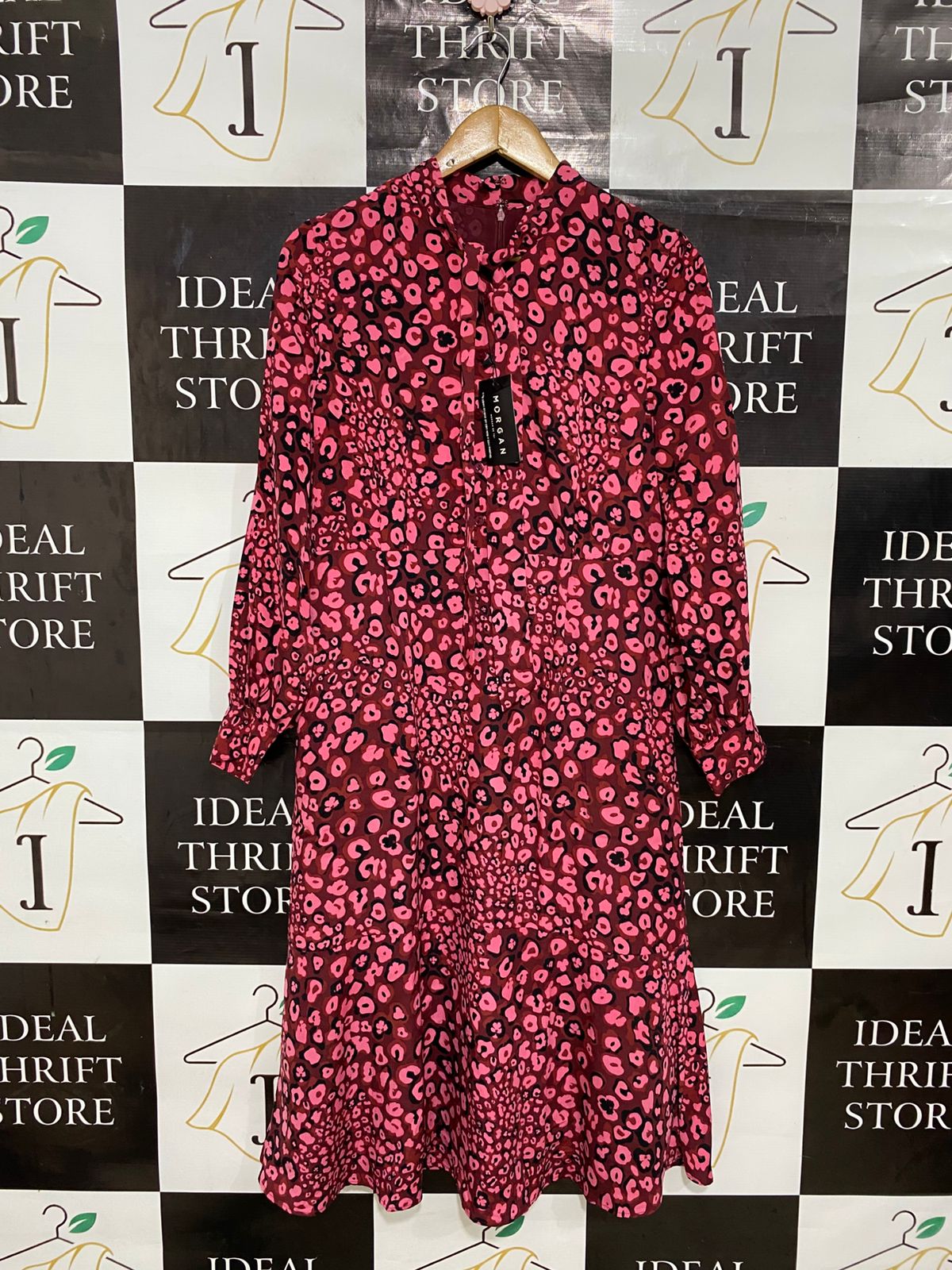 MORGAN |M| BUST 17| A30| BURGUNDY & PINK ANIMAL PRINT HIGH-NECK LONG-SLEEVE MIDI DRESS