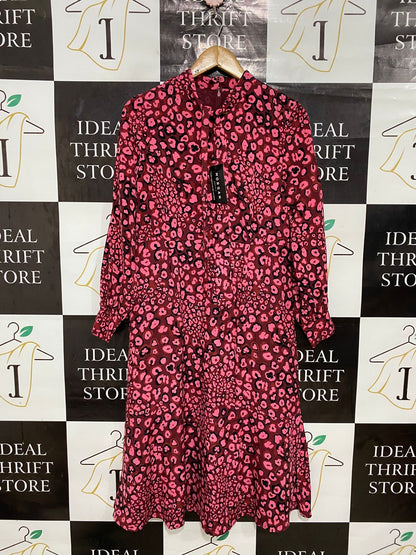 MORGAN |M| BUST 17| A30| BURGUNDY & PINK ANIMAL PRINT HIGH-NECK LONG-SLEEVE MIDI DRESS