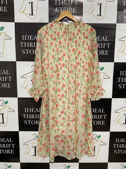 URBAN |S| BUST 18| A30| CREAM & PINK FLORAL RUFFLE-COLLAR LONG-SLEEVE MIDI DRESS