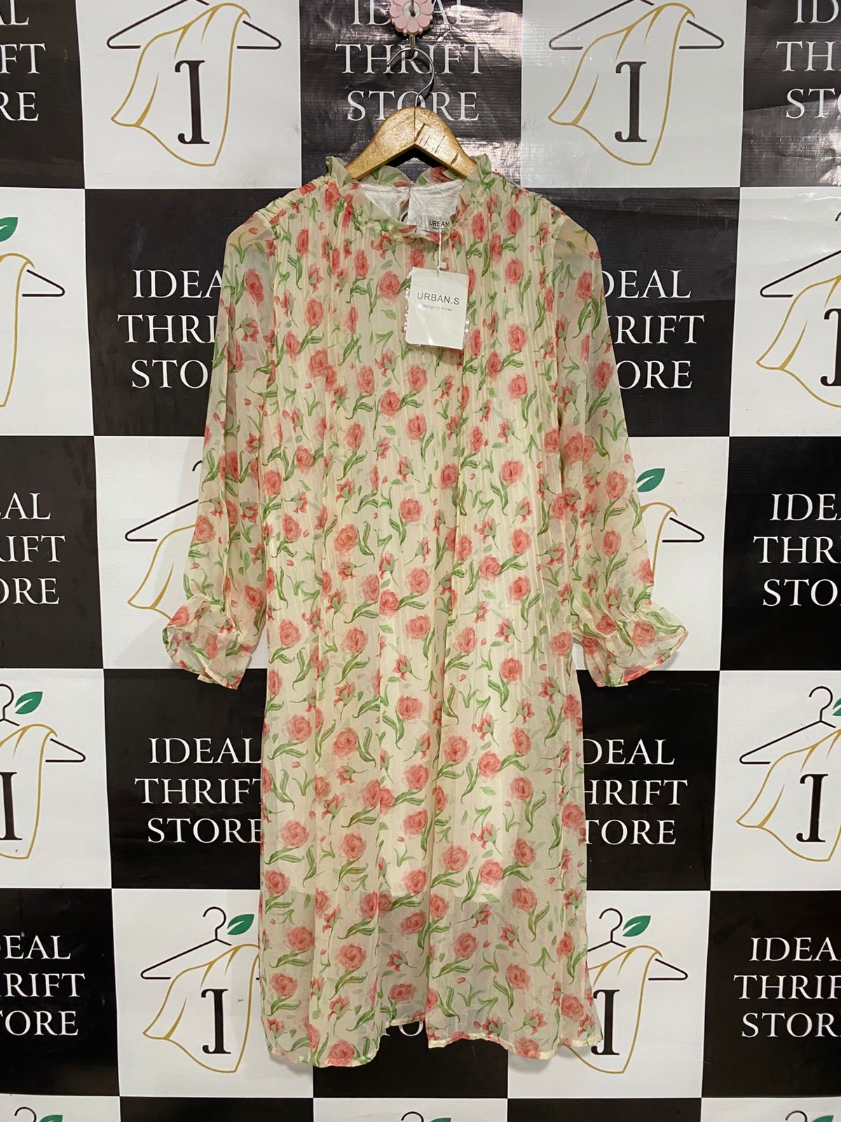 URBAN |S| BUST 18| A30| CREAM & PINK FLORAL RUFFLE-COLLAR LONG-SLEEVE MIDI DRESS