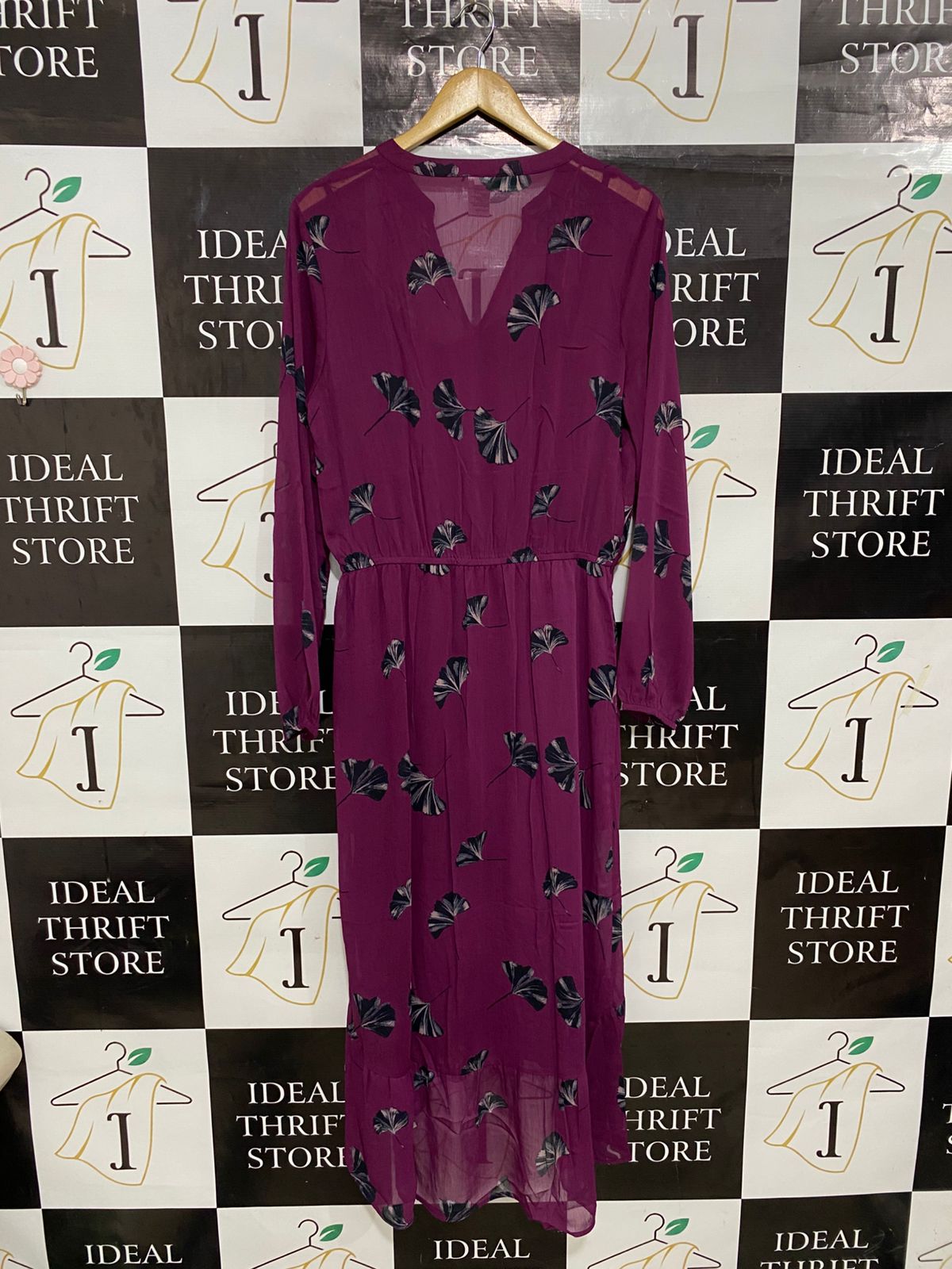 ANKO |L| BUST 20| A30| MAGENTA & BLACK GINKGO LEAF PRINT V-NECK HIGH-LOW MIDI DRESS