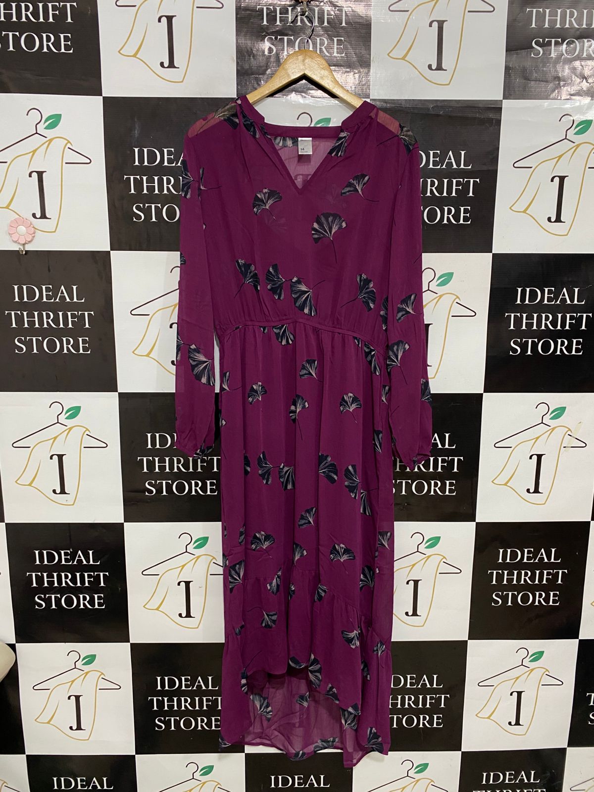 ANKO |L| BUST 20| A30| MAGENTA & BLACK GINKGO LEAF PRINT V-NECK HIGH-LOW MIDI DRESS