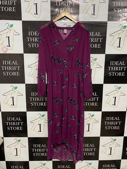 ANKO |L| BUST 20| A30| MAGENTA & BLACK GINKGO LEAF PRINT V-NECK HIGH-LOW MIDI DRESS