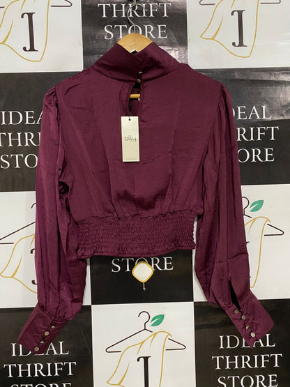 ALLY FASHION |S| BUST 17| A30| BURGUNDY HIGH-NECK KEYHOLE LONG-SLEEVE SMOCKED CROP TOP