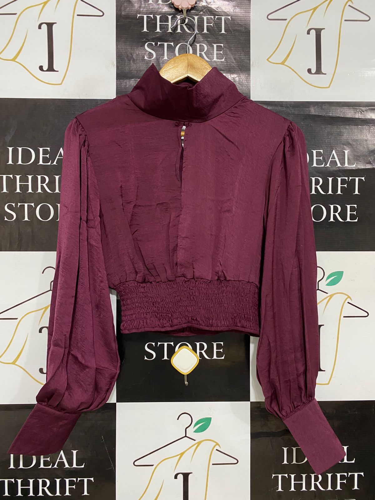 ALLY FASHION |S| BUST 17| A30| BURGUNDY HIGH-NECK KEYHOLE LONG-SLEEVE SMOCKED CROP TOP