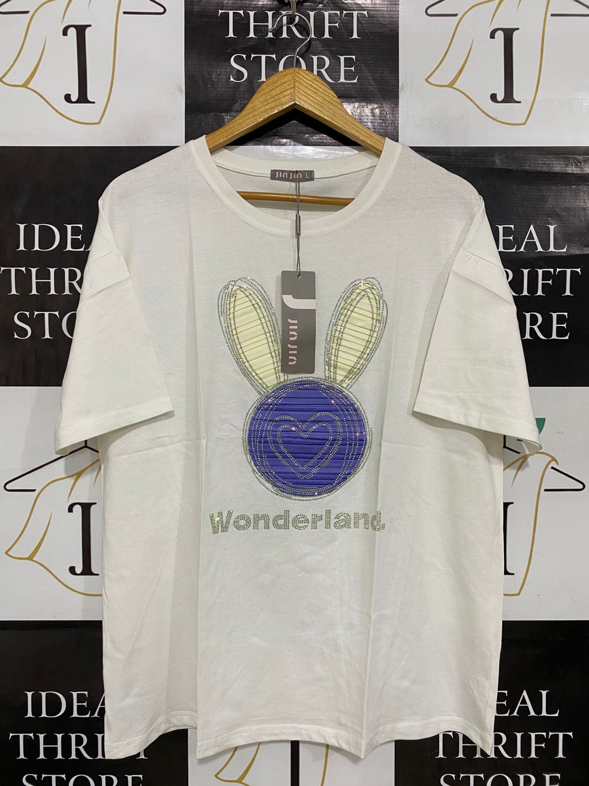 JIN JIN |L| BUST 22| A30| WHITE & PURPLE "WONDERLAND" BUNNY RHINESTONE GRAPHIC T-SHIRT