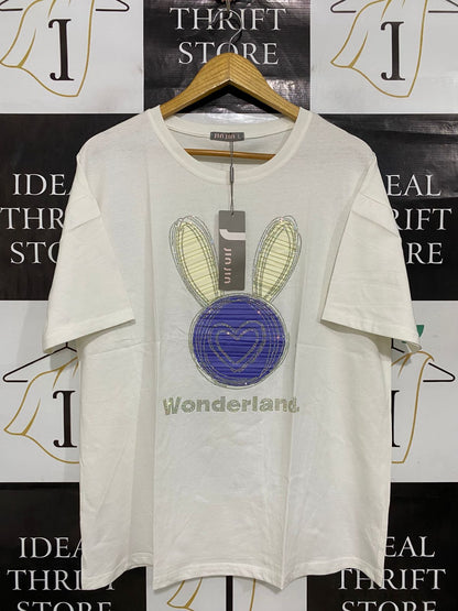 JIN JIN |L| BUST 22| A30| WHITE & PURPLE "WONDERLAND" BUNNY RHINESTONE GRAPHIC T-SHIRT