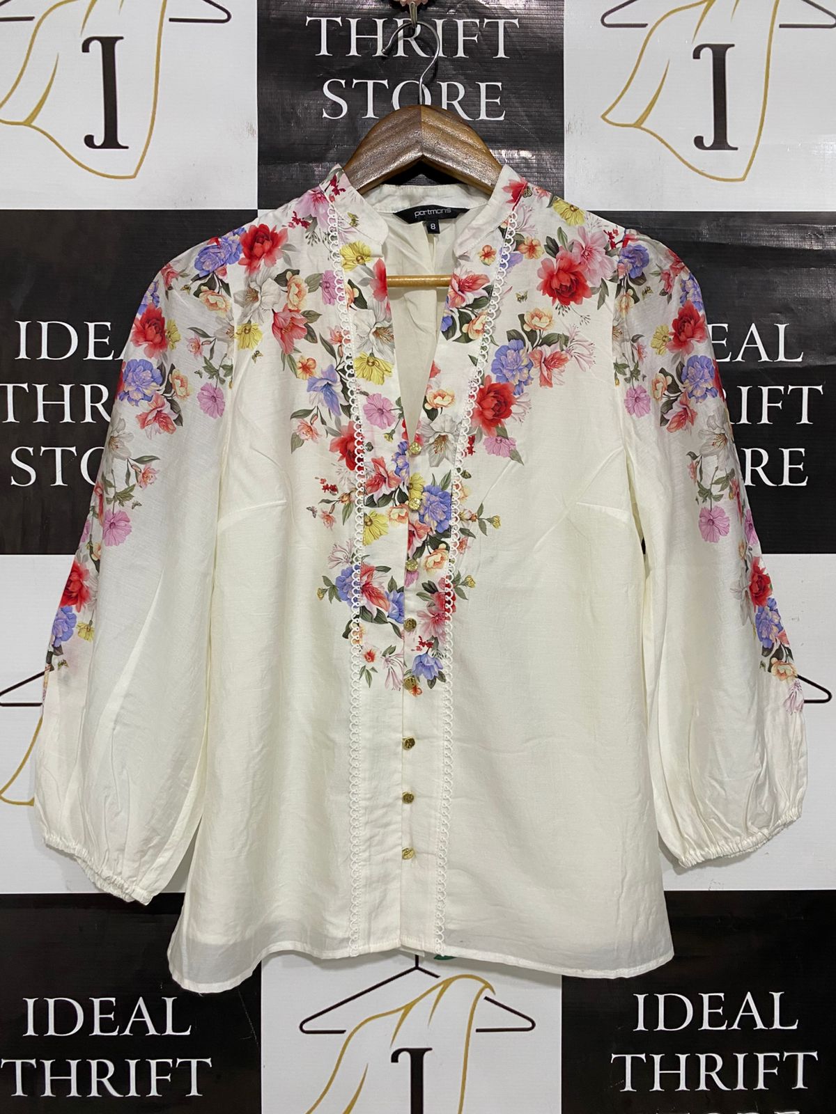 PORTMANS |S| BUST 18| A30| WHITE & MULTICOLOR FLORAL V-NECK LONG-SLEEVE BLOUSE