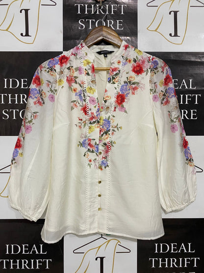 PORTMANS |S| BUST 18| A30| WHITE & MULTICOLOR FLORAL V-NECK LONG-SLEEVE BLOUSE