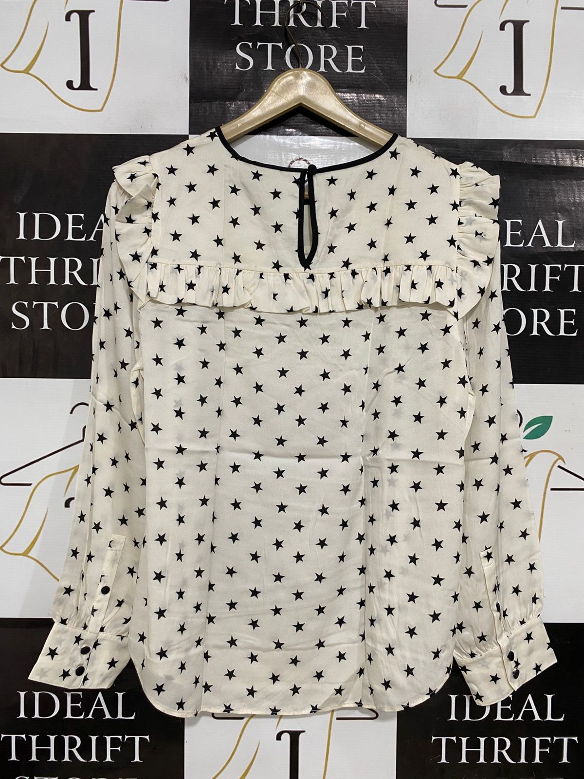 J. CREW |S| BUST 18| A30| CREAM & BLACK STAR PRINT RUFFLE-TRIM LONG-SLEEVE BLOUSE