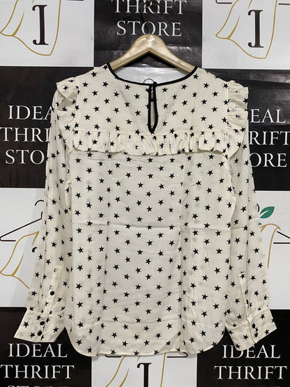 J. CREW |S| BUST 18| A30| CREAM & BLACK STAR PRINT RUFFLE-TRIM LONG-SLEEVE BLOUSE