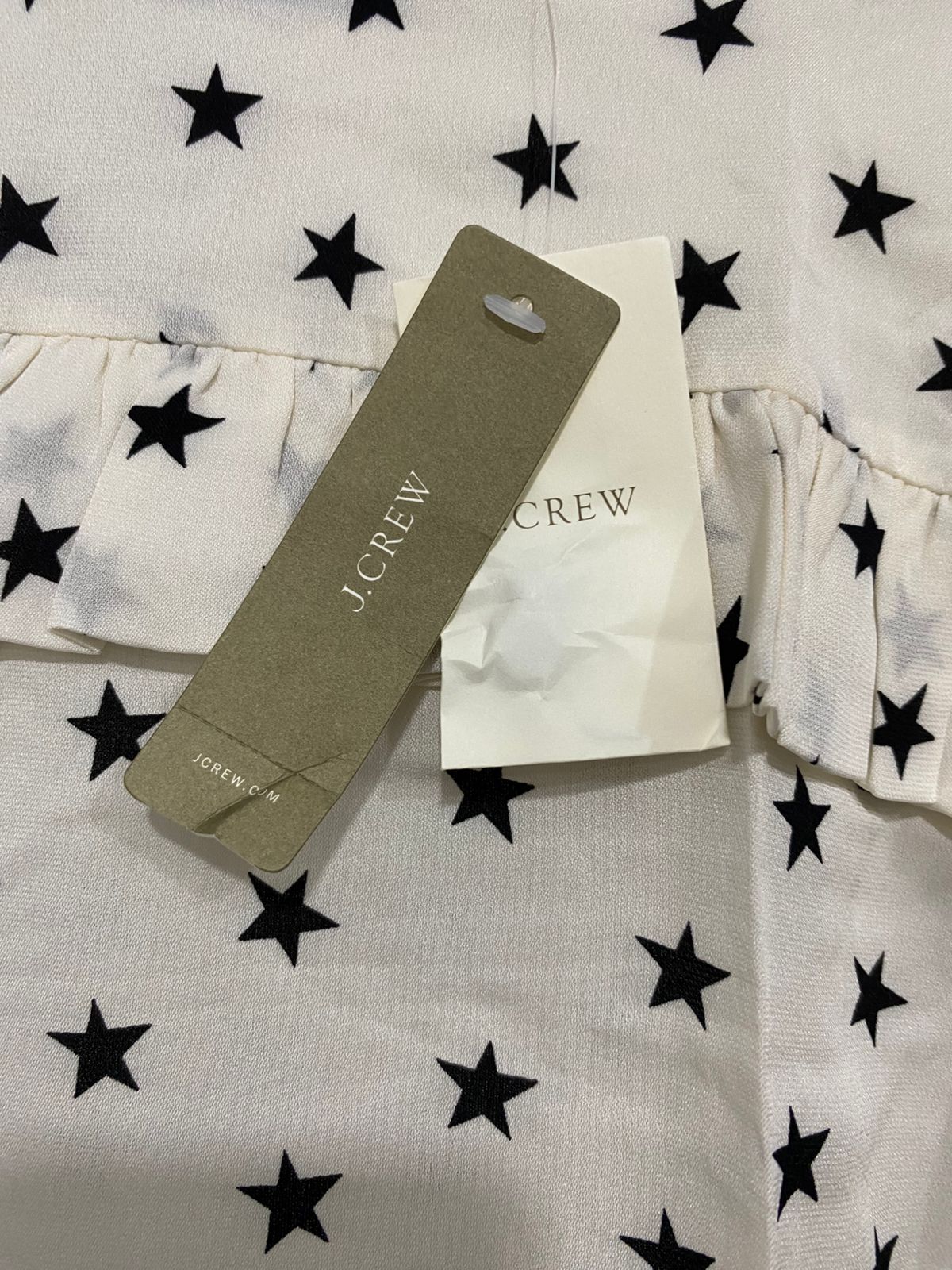 J. CREW |S| BUST 18| A30| CREAM & BLACK STAR PRINT RUFFLE-TRIM LONG-SLEEVE BLOUSE