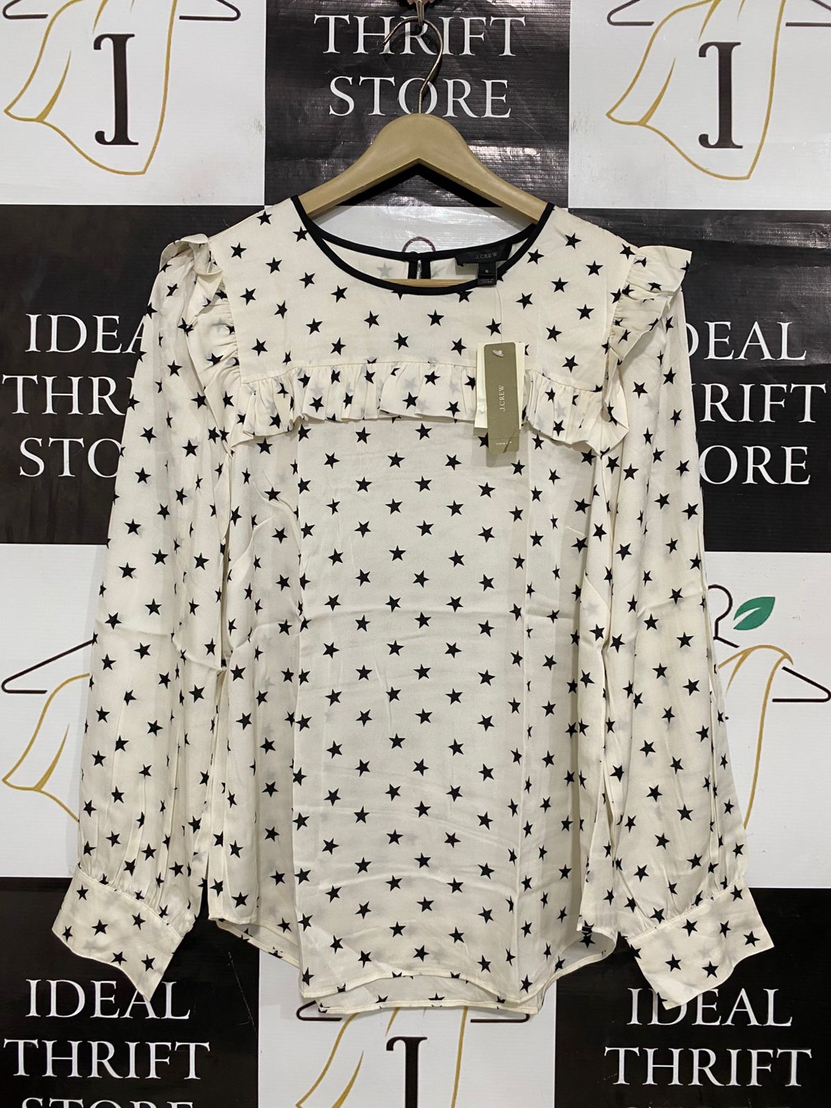 J. CREW |S| BUST 18| A30| CREAM & BLACK STAR PRINT RUFFLE-TRIM LONG-SLEEVE BLOUSE