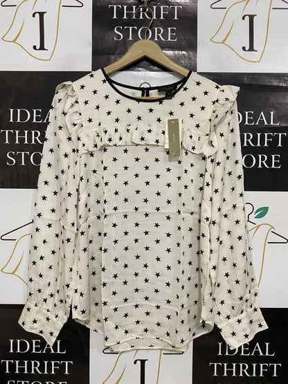 J. CREW |S| BUST 18| A30| CREAM & BLACK STAR PRINT RUFFLE-TRIM LONG-SLEEVE BLOUSE
