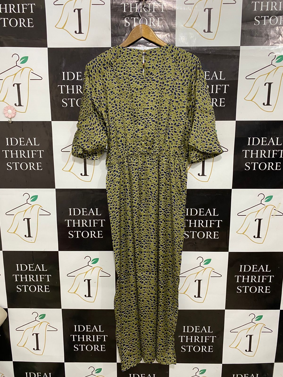 SUNNY GIRL |M| BUST 22| A30| OLIVE GREEN & NAVY ANIMAL PRINT KNOT-FRONT MIDI DRESS