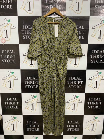 SUNNY GIRL |M| BUST 22| A30| OLIVE GREEN & NAVY ANIMAL PRINT KNOT-FRONT MIDI DRESS