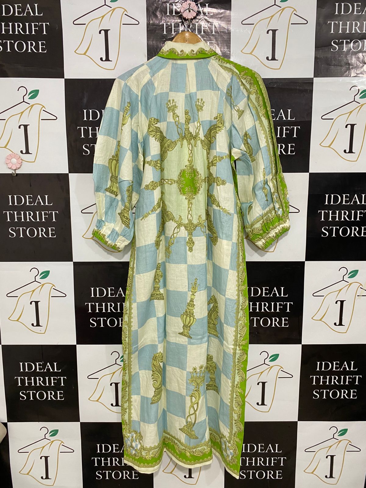 ALEMAIS |S| BUST 21| A30| GREEN, BLUE & WHITE CHESSBOARD BAROQUE PRINT LONG-SLEEVE SHIRT DRESS