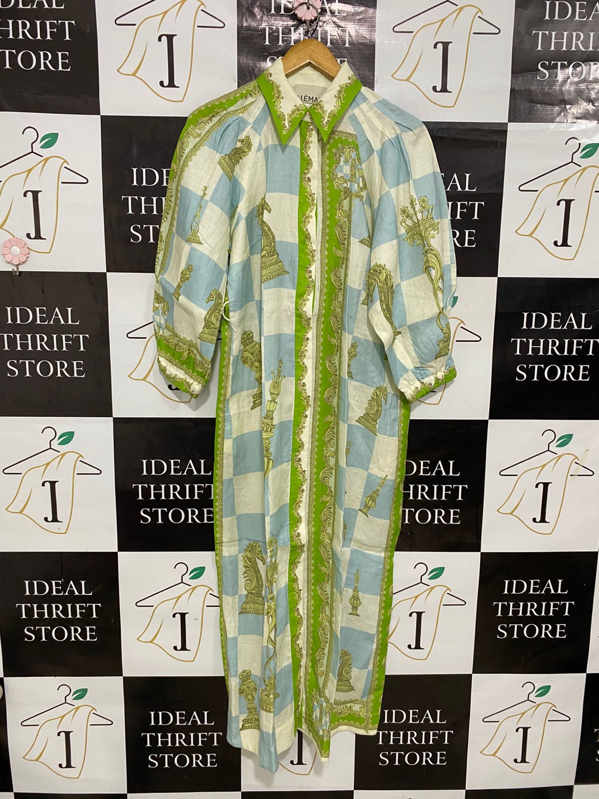 ALEMAIS |S| BUST 21| A30| GREEN, BLUE & WHITE CHESSBOARD BAROQUE PRINT LONG-SLEEVE SHIRT DRESS