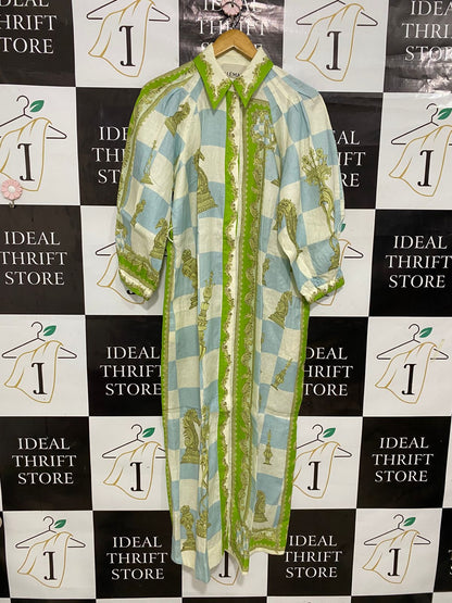 ALEMAIS |S| BUST 21| A30| GREEN, BLUE & WHITE CHESSBOARD BAROQUE PRINT LONG-SLEEVE SHIRT DRESS