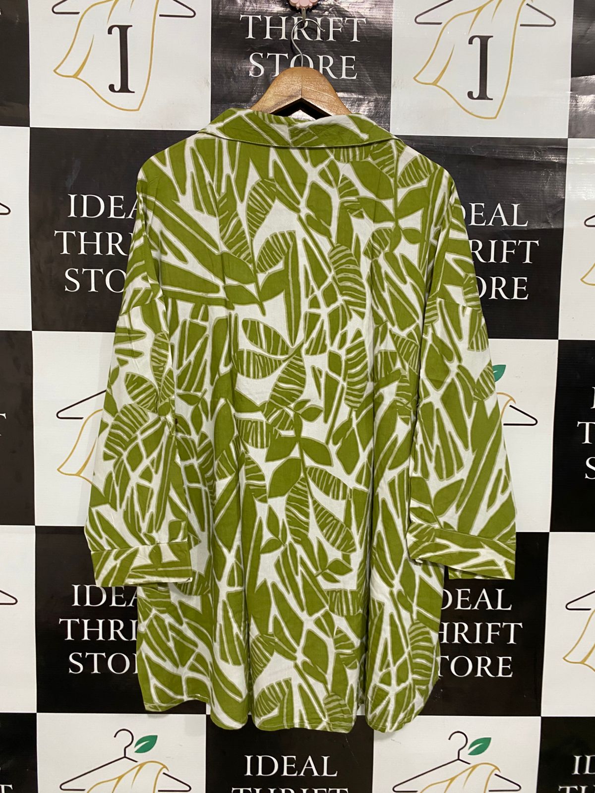 KATIES |XL| BUST 25| A30| OLIVE GREEN & WHITE BOTANICAL LEAF PRINT COLLARED TUNIC SHIRT
